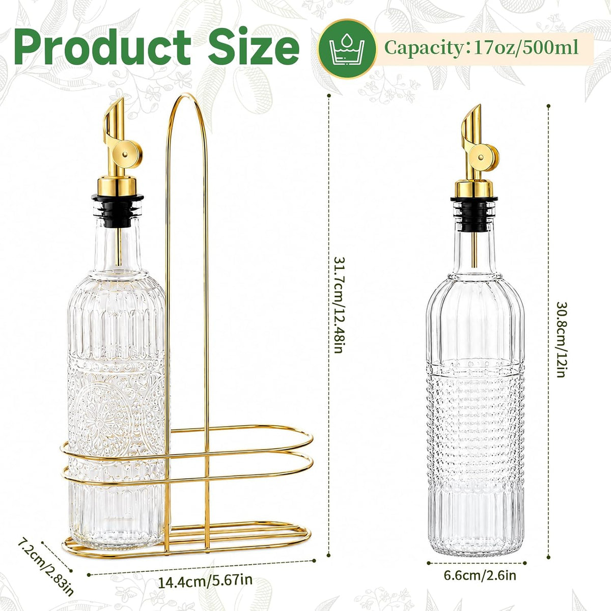 Olive Oil Dispenser Bottle, 2 Pack 17 oz Glass Oil and Vinegar Dispenser with 2 Gold Gravity Auto Flip Spouts, Metal Stand and Funnel, Decorative Polka Dot & Sunflower Design for Kitchen