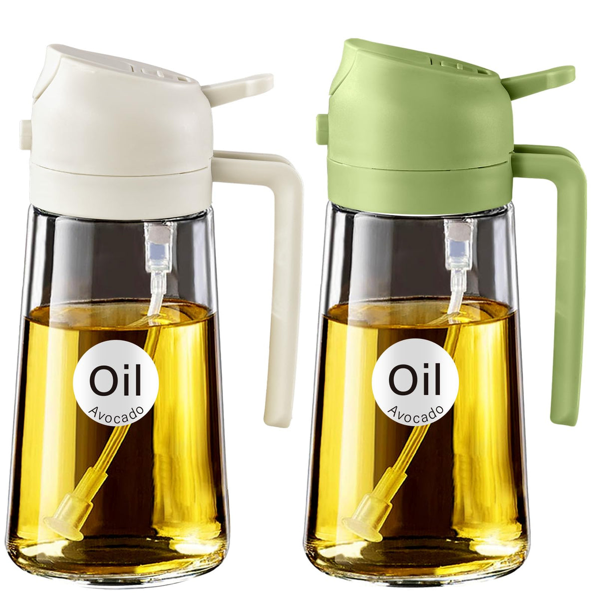 YARRAMATE 2Pcs 16oz/470ml 2 in 1 Oil Sprayer for Cooking with Stickers, Food-grade Glass Oil Spray Bottle, Oil Dispenser and Oil Sprayer for Kitchen, Salad, Frying, BBQ (White &Black)