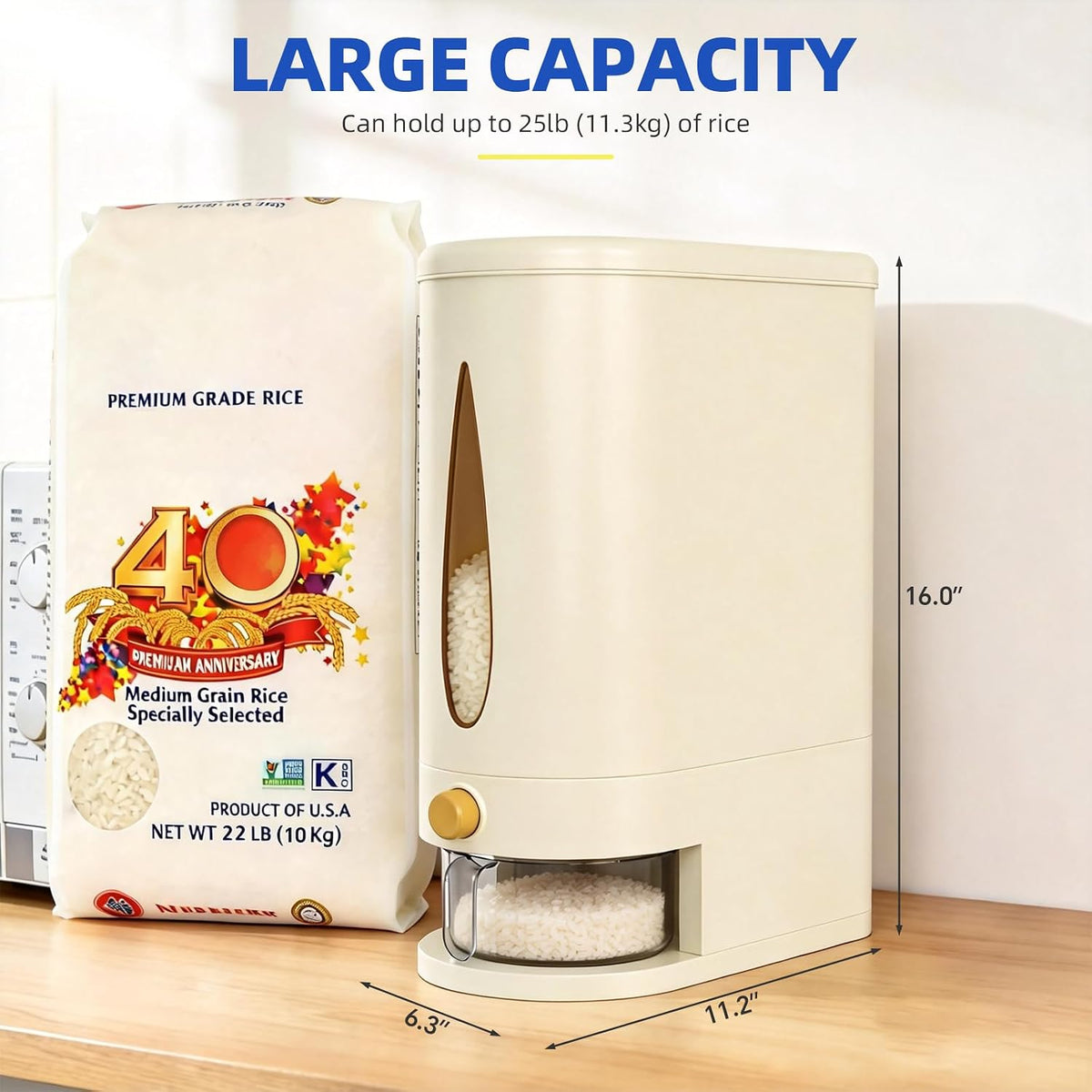 samstar Large Capacity Rice Dispenser 22-25 lbs, Sturdy & Airtight Rice Storage Container, Quick Rice Dispensing Design, Moisture Resistant Grain Storage Bin Rice Holder for Kitchen, BPA-Free, Beige