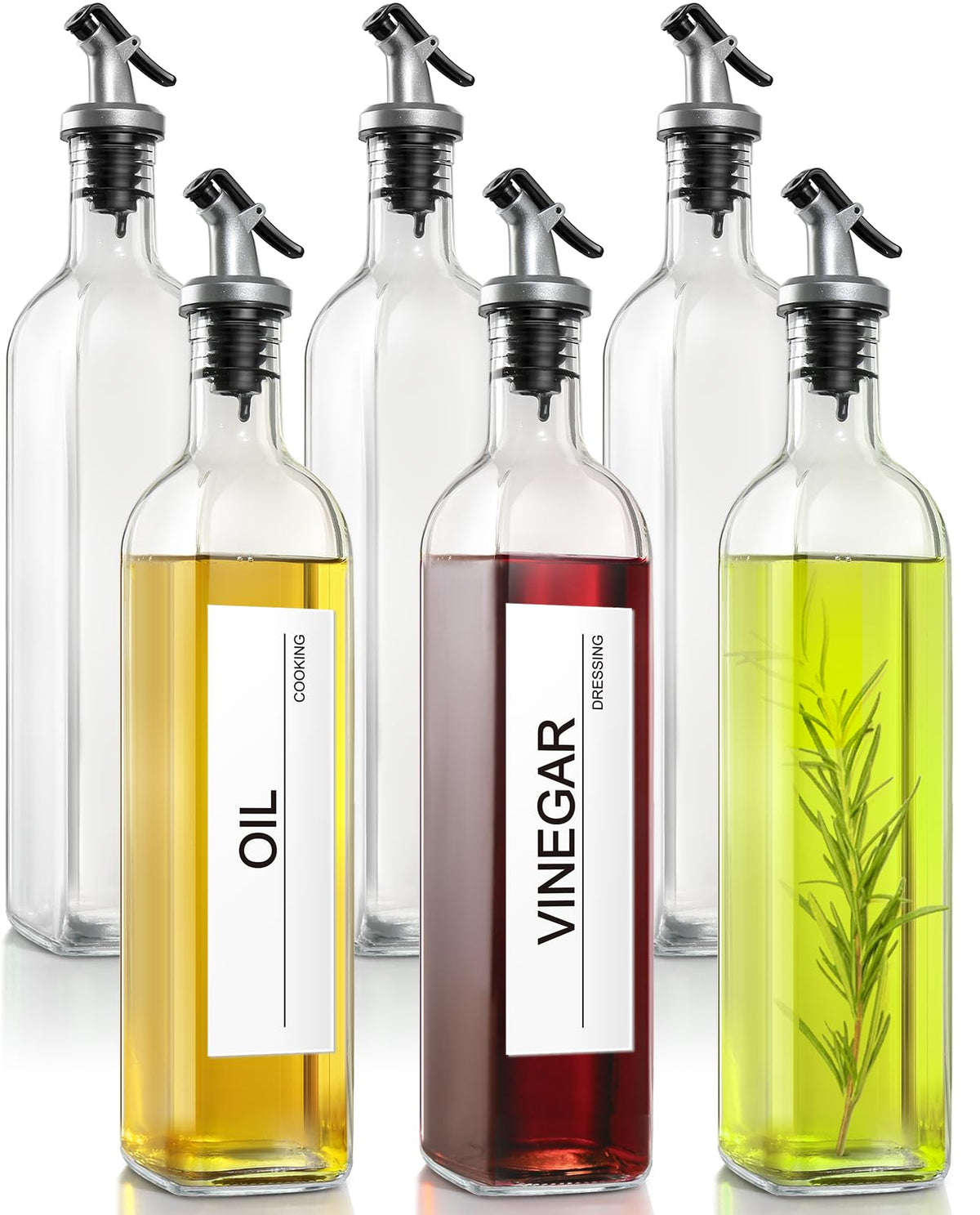 gmisun Olive Oil Dispenser Bottle for Kitchen, 4 Pack 17 Fl Oz Glass Oil Dispensers Bottles, Clear Cooking Vegetable Oil Dispenser Container Cruet Set with Plastic Pourer Spout, Funnel and Labels