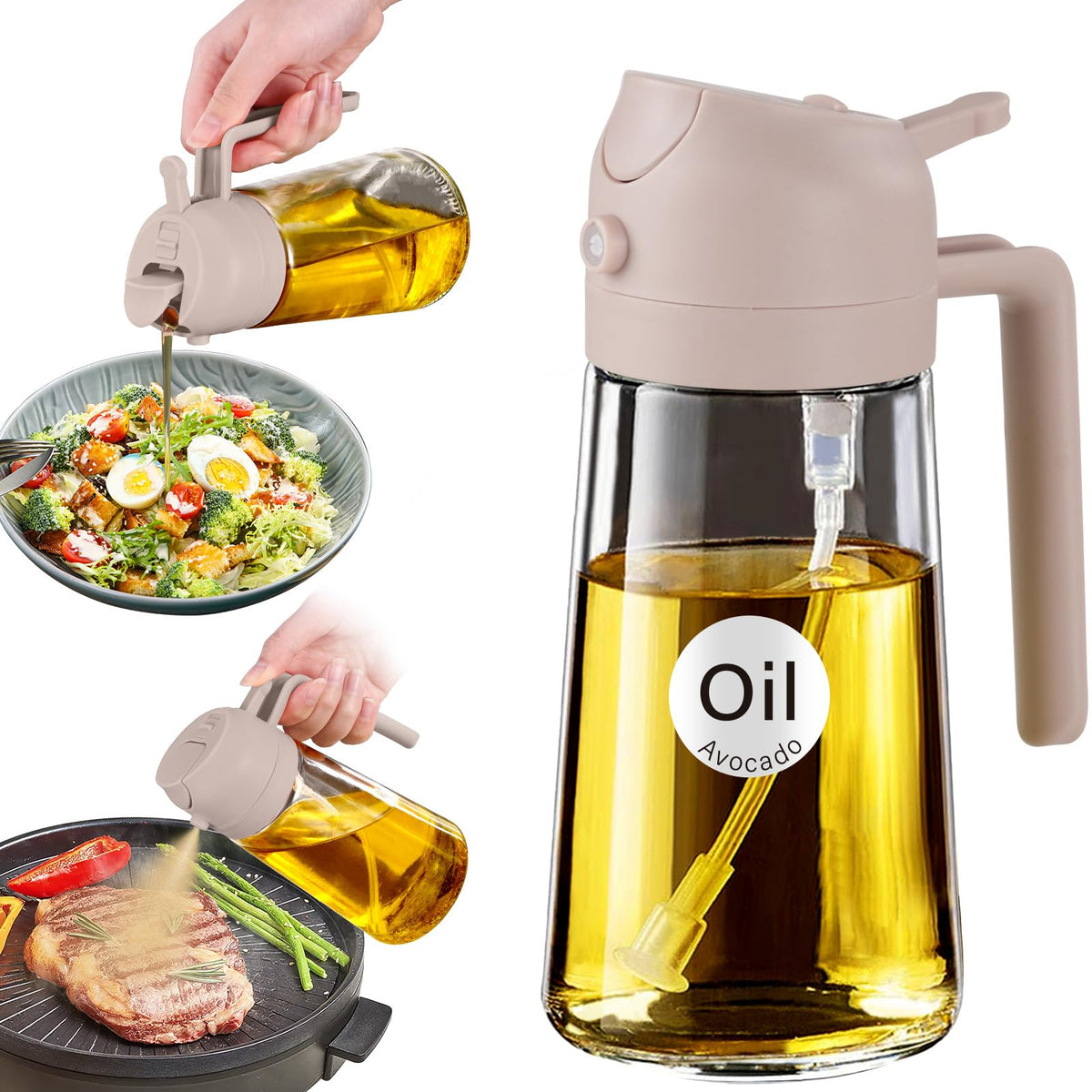 YARRAMATE 2Pcs 16oz/470ml 2 in 1 Oil Sprayer for Cooking with Stickers, Food-grade Glass Oil Spray Bottle, Oil Dispenser and Oil Sprayer for Kitchen, Salad, Frying, BBQ (White &Black)