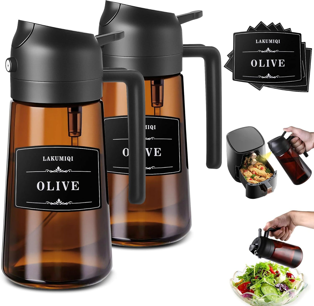 Oliver Oil Sprayer Dispenser for Cooking Bottle 16oz Dark Glass 2pcs Black