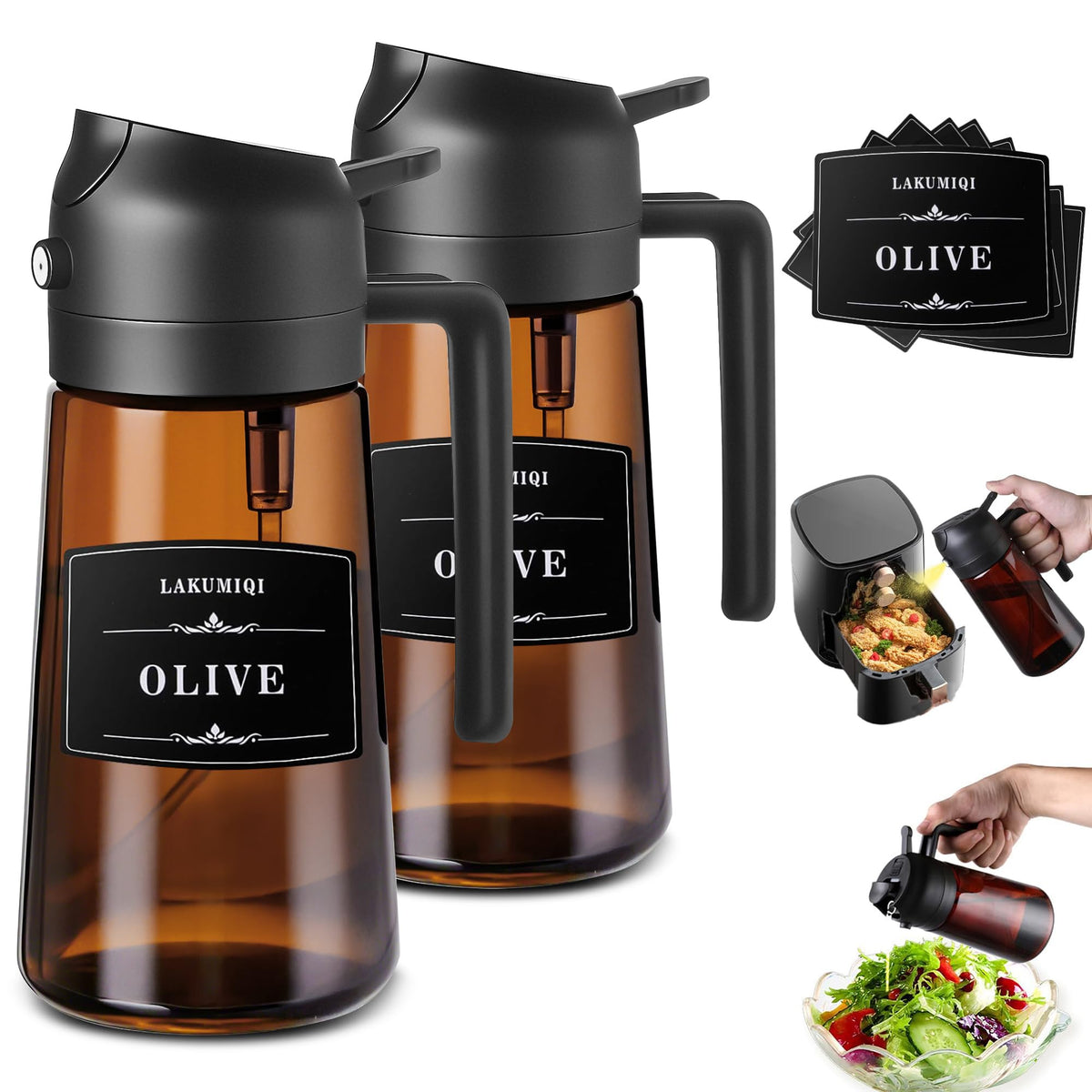 Oliver Oil Sprayer Dispenser for Cooking Bottle 16oz Dark Glass 2pcs Black