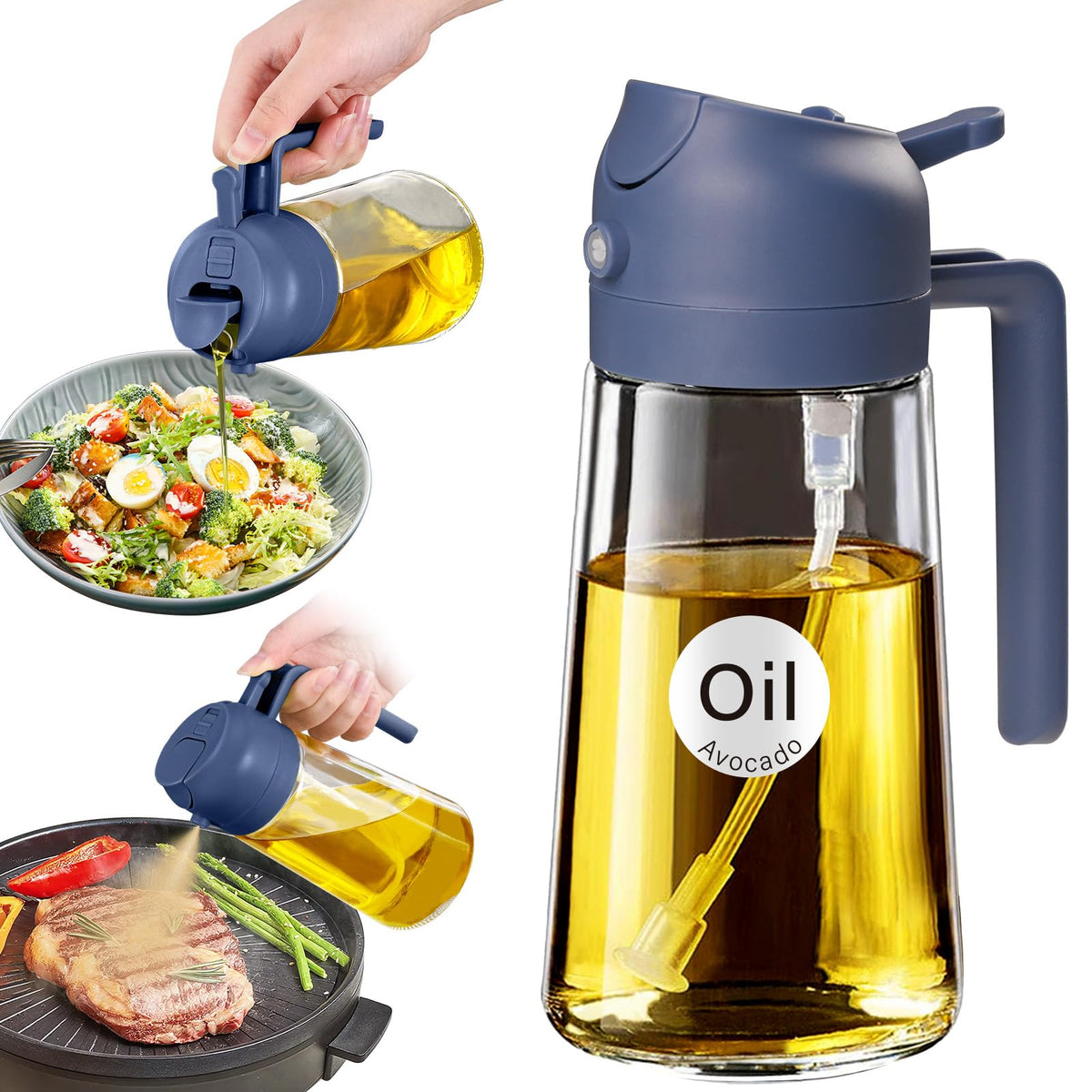 YARRAMATE 2Pcs 16oz/470ml 2 in 1 Oil Sprayer for Cooking with Stickers, Food-grade Glass Oil Spray Bottle, Oil Dispenser and Oil Sprayer for Kitchen, Salad, Frying, BBQ (White &Black)