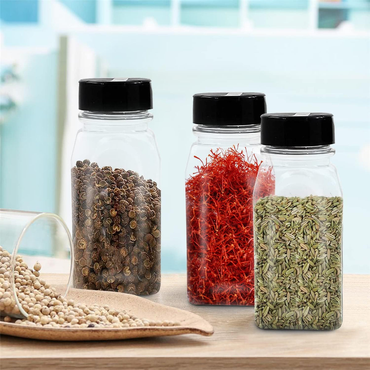 Plastic Spice Jars Bottle Containers with Black Cap, 14 Oz, 6 Pack