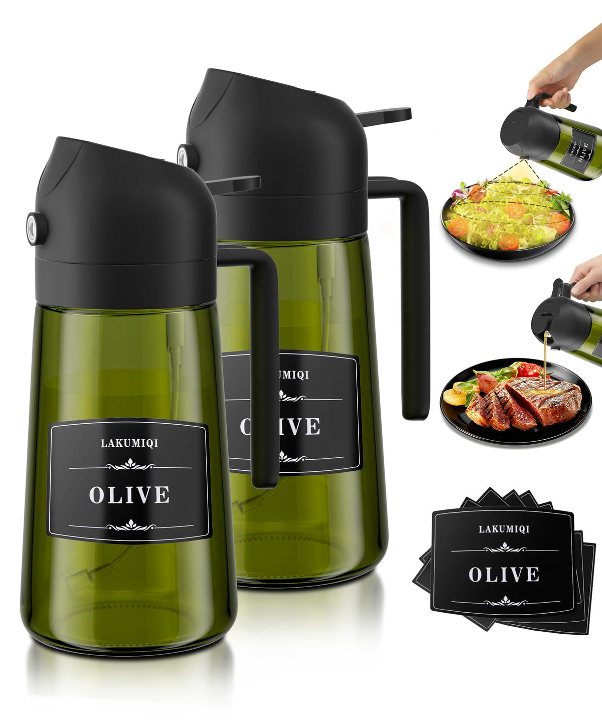 Oliver Oil Sprayer Dispenser for Cooking Bottle 16oz Dark Glass 2pcs Black