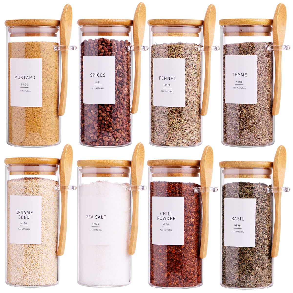 HHMJSM 6 Pcs Square Glass Jar with Bamboo Lid and Spoon - 27 oz Large Sugar Container with 148 Kitchen Pantry Spice Jar Labels Preprinted - Glass Containers with Wooden Lids Hold Coffee, Tea, Candy