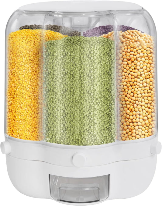 360° Rotating Grain Dispenser with 6 Grids, 27lbs Large Capacity Grain Dispenser Rotating Kitchen Storage Containers With Sealed Lid for Cereals, Oatmeal and Candy