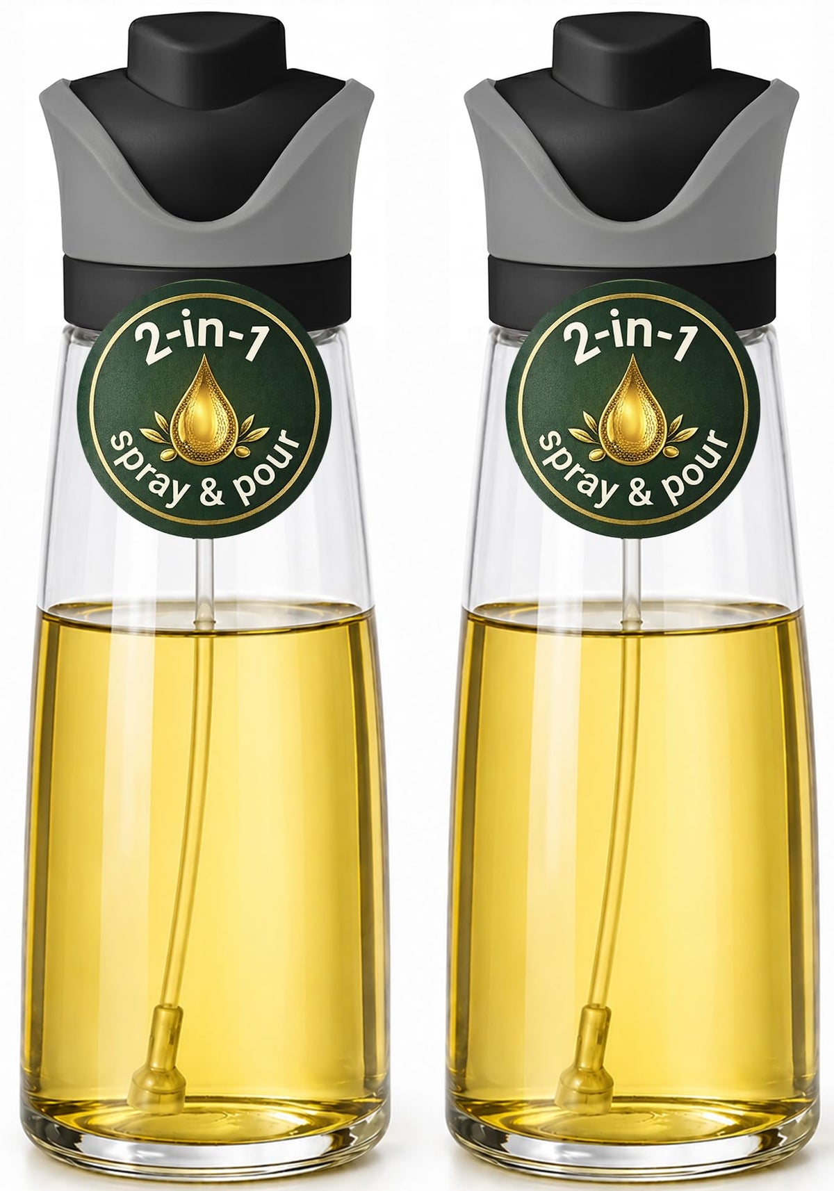 Olive Oil Dispenser for Kitchen 2-in-1 Pour and Spray | 11.5 oz / 340 ml | Glass Olive Oil Sprayer for Cooking, Airfryer, Salad & BBQ | Set of 2 Bottles, Green