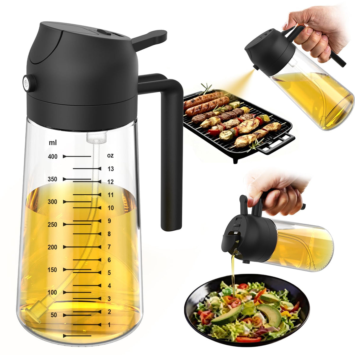 TrendPlain 16oz Olive Oil Sprayer for Cooking with Silicone Base, 2 Black