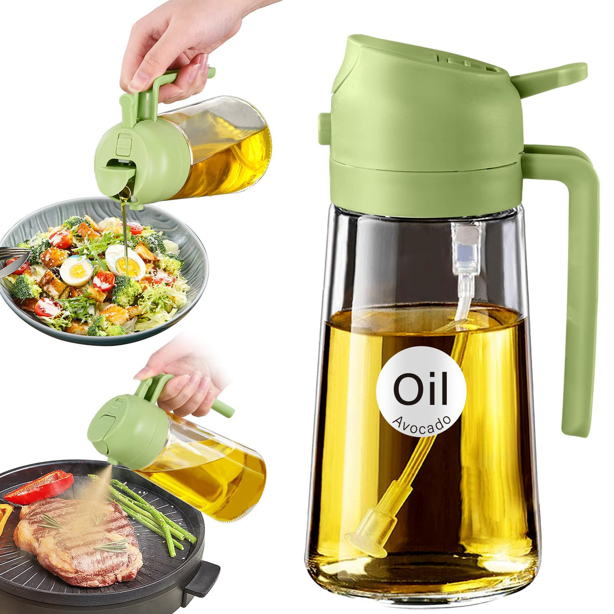 YARRAMATE 2Pcs 16oz/470ml 2 in 1 Oil Sprayer for Cooking with Stickers, Food-grade Glass Oil Spray Bottle, Oil Dispenser and Oil Sprayer for Kitchen, Salad, Frying, BBQ (White &Black)