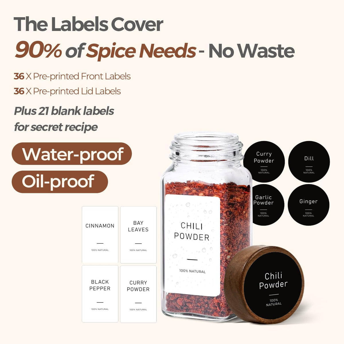 ComSaf Glass Spice Storage Jars with Acacia Wood Lids & Labels 4Oz 24Pack