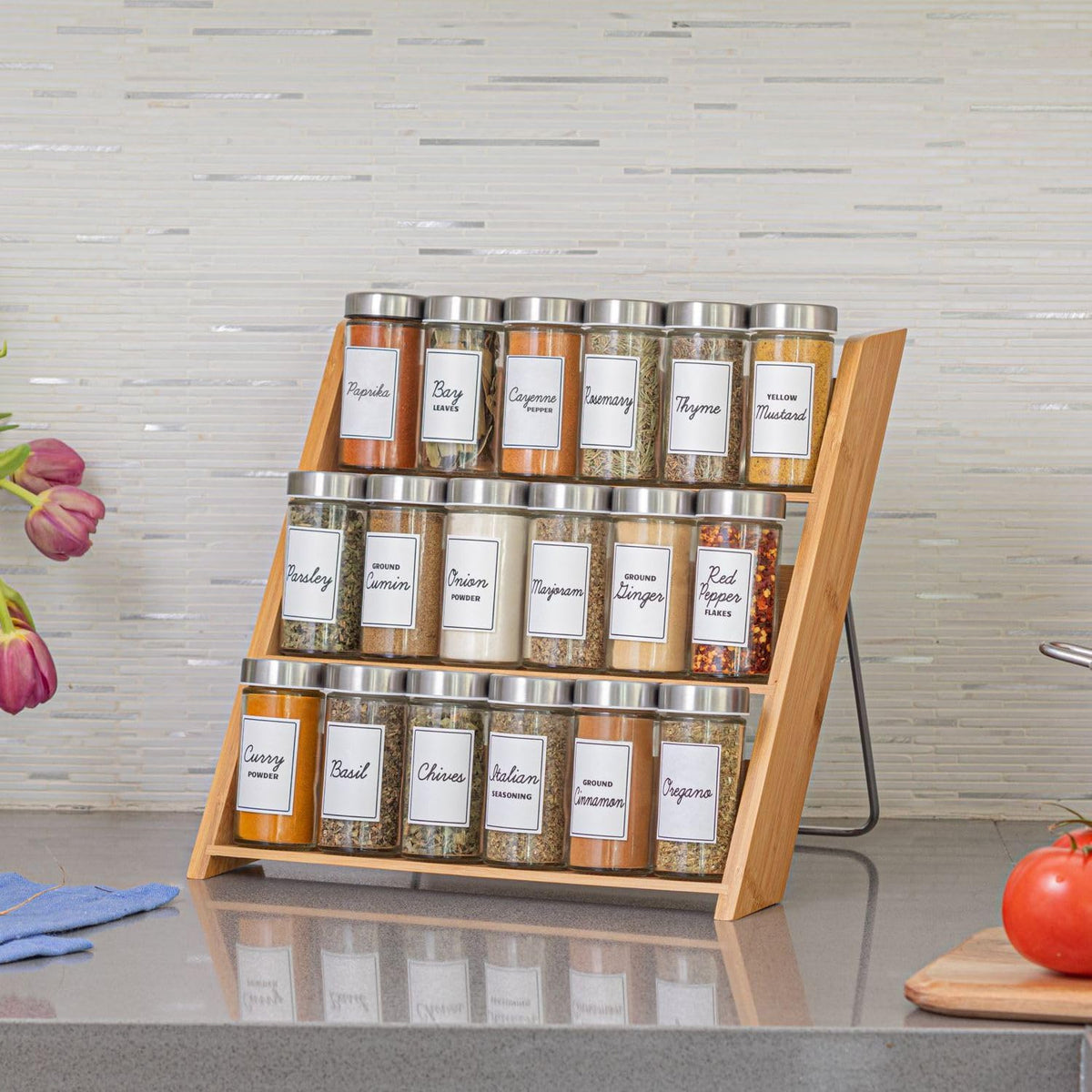 Orii 18 Jar Bamboo Compact Spice Rack with Spices Included & 5-Year Free Spice Refill Program for Countertop or Kitchen Drawer with Glass Jars