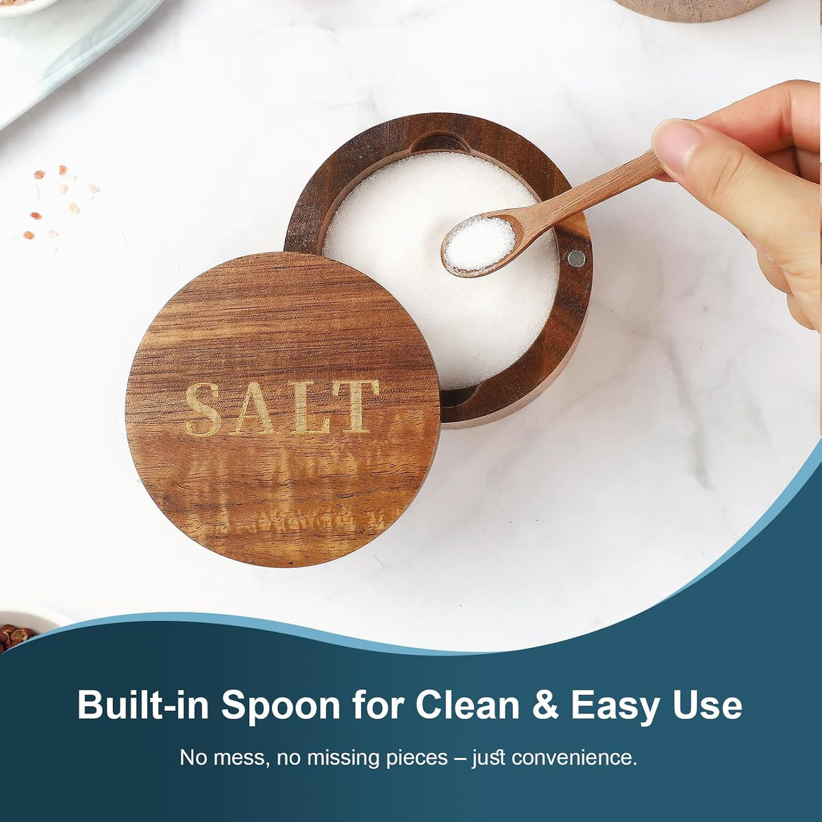 Timtopno Salt Cellar, Acacia Wood Salt Container with Built-in Spoon & Swivel Lid, Engraved SALT Box, Salt Holder Bowl for Countertop Seasoning Storage