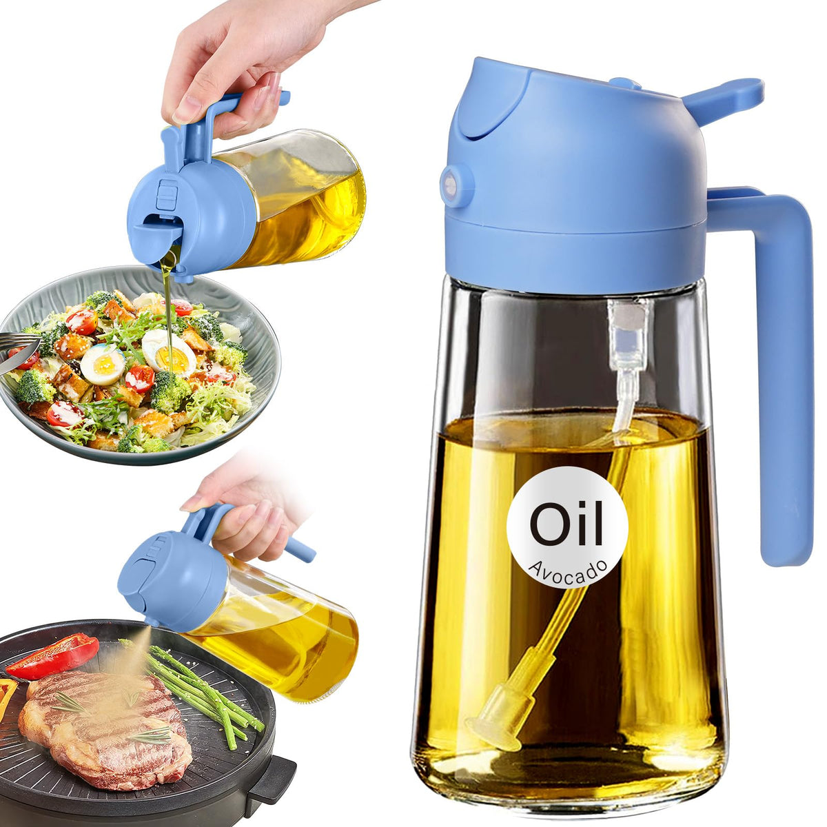 YARRAMATE 2Pcs 16oz/470ml 2 in 1 Oil Sprayer for Cooking with Stickers, Food-grade Glass Oil Spray Bottle, Oil Dispenser and Oil Sprayer for Kitchen, Salad, Frying, BBQ (White &Black)