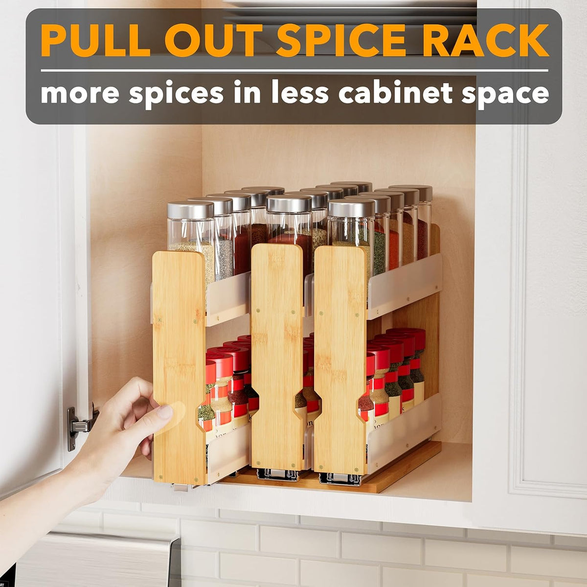 SpaceAid Bamboo Pull Out Spice Rack Organizer for Cabinet, Heavy Duty Slide Out Seasoning Kitchen Pantry Sliding Vertical Organization, 7.6" Wide, 3 Drawers(2" Wide), 2-Tier, Natural