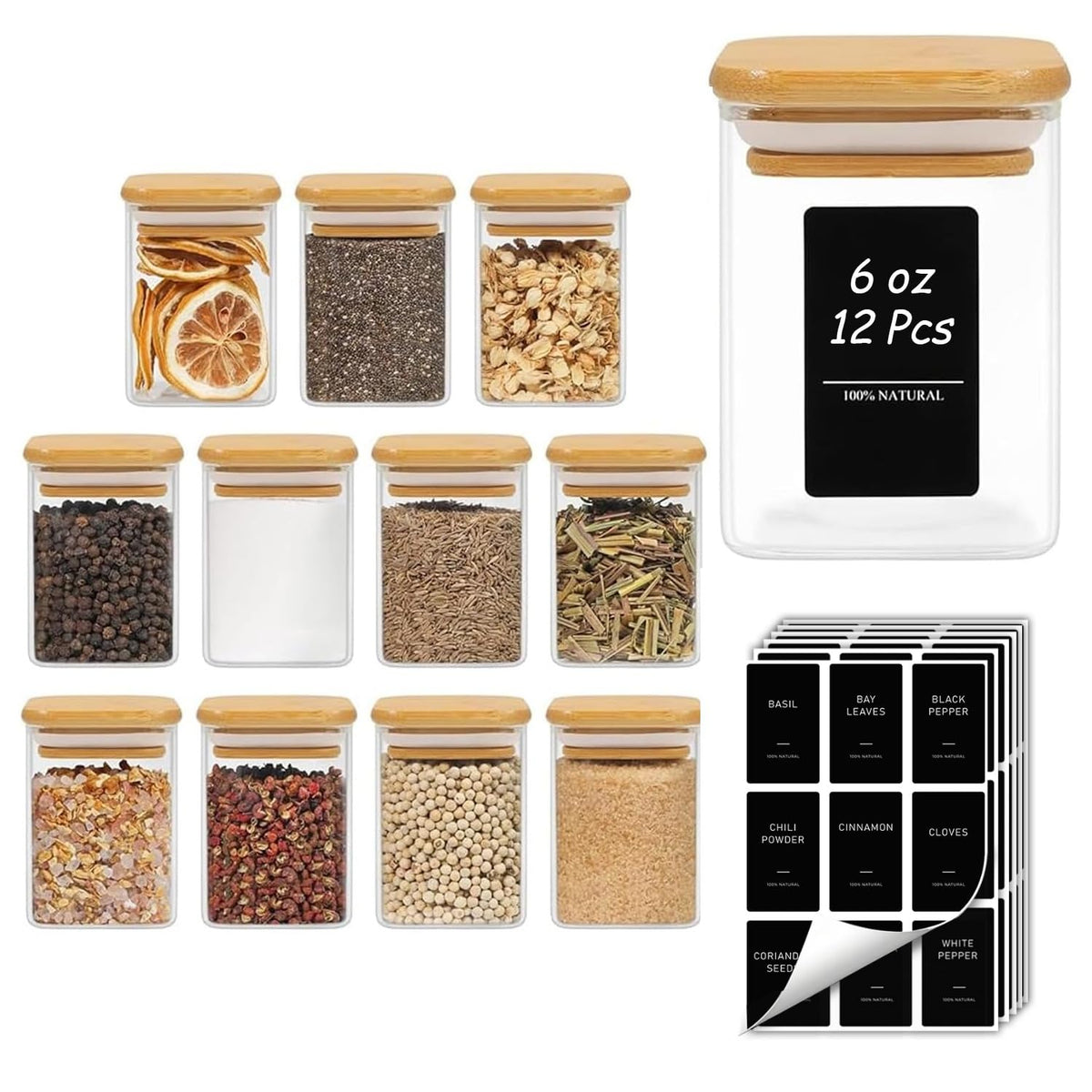 ComSaf Square Glass Spice Jars with Labels 4 oz 16 Pack with Bamboo Lids