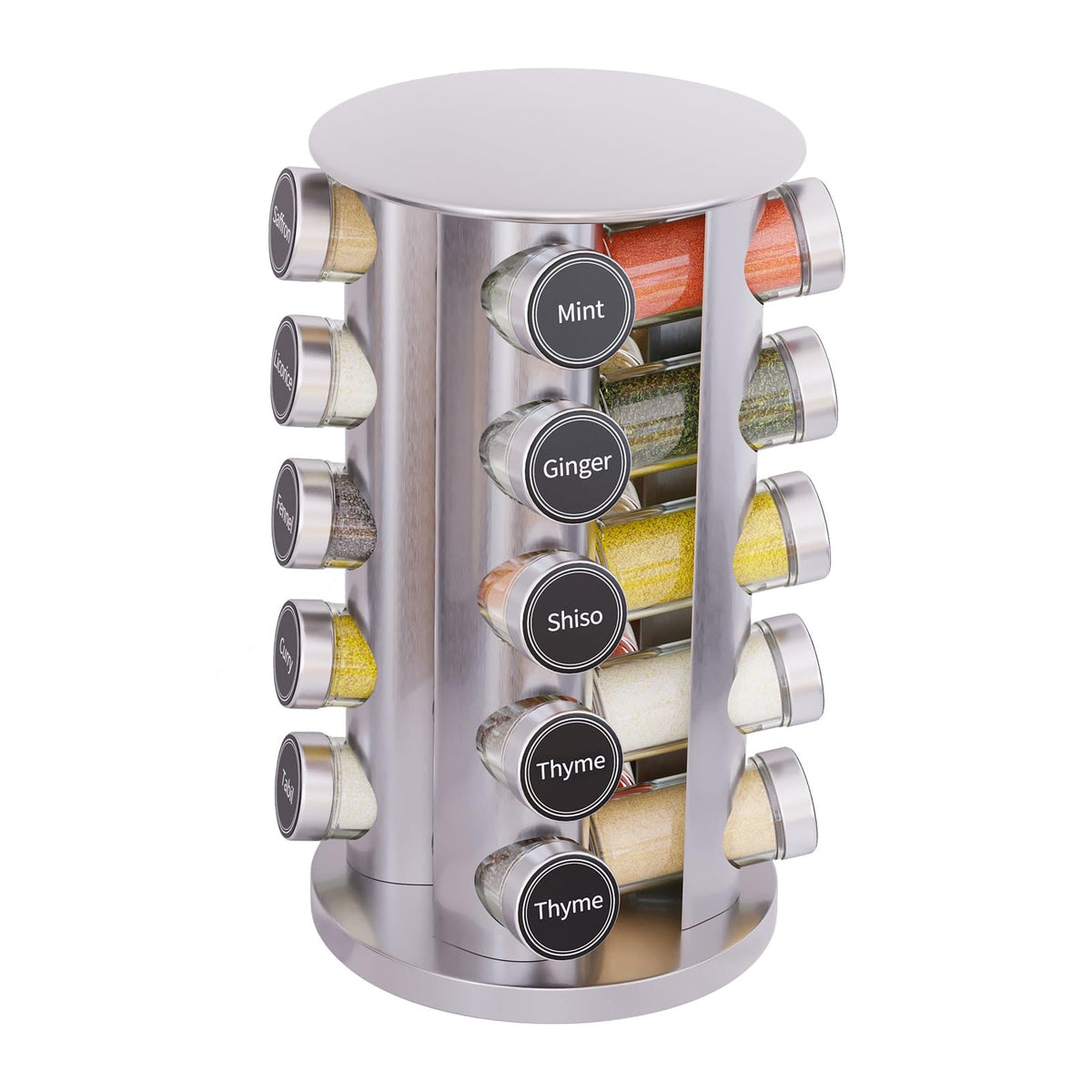 Revolving Spice Rack Set with 20 Spice Jars, Kitchen Spice Tower Organizer for Countertop or Cabinet -- Carousel Storage Includes 386 Spice Labels -- Desktop Rotating Seasoning Organizer