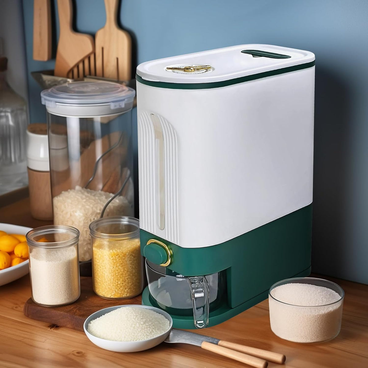 25 Lbs Rice Dispenser,One-Touch Rice Storage with Measuring Cup and Lids