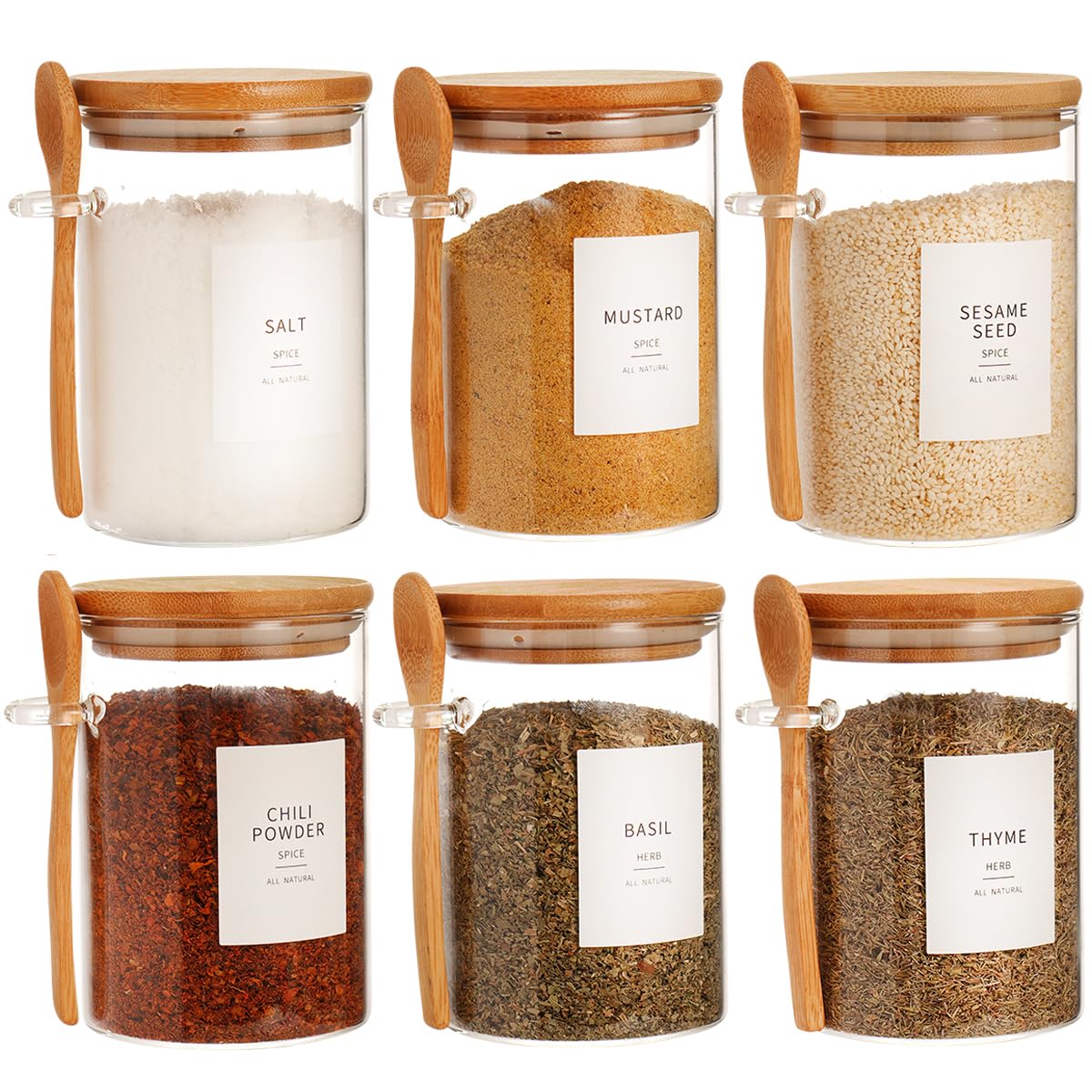 HHMJSM 6 Pcs Square Glass Jar with Bamboo Lid and Spoon - 27 oz Large Sugar Container with 148 Kitchen Pantry Spice Jar Labels Preprinted - Glass Containers with Wooden Lids Hold Coffee, Tea, Candy