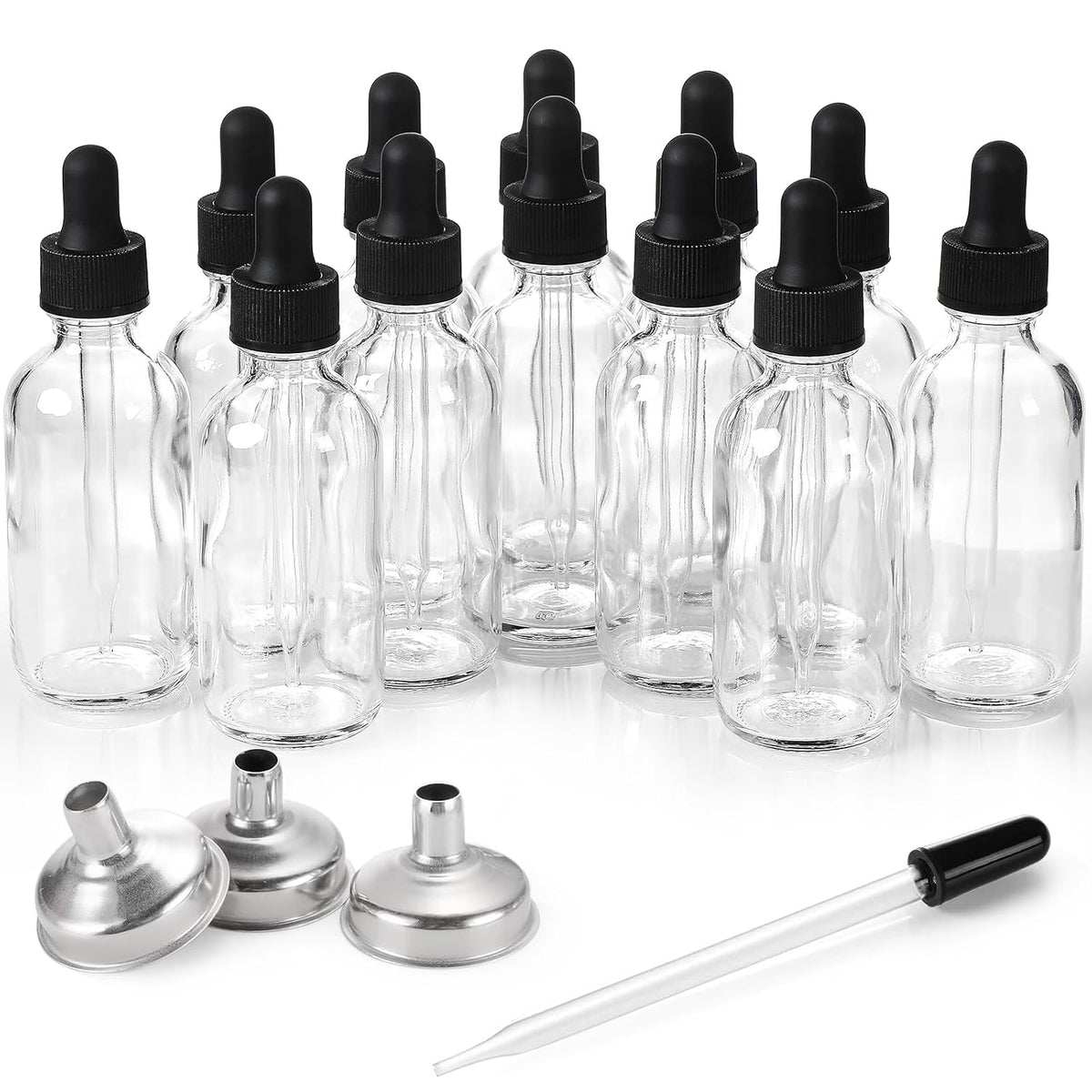 12 Pack, 2 oz Glass Eye Dropper Bottles w/ 3 Stainless Steel Funnels & 1 Long Pipette Dropper & 24 Labels - 60ml Clear Tincture Bottles for Essential Oils, Liquids - Leakproof Travel Essential Bottles