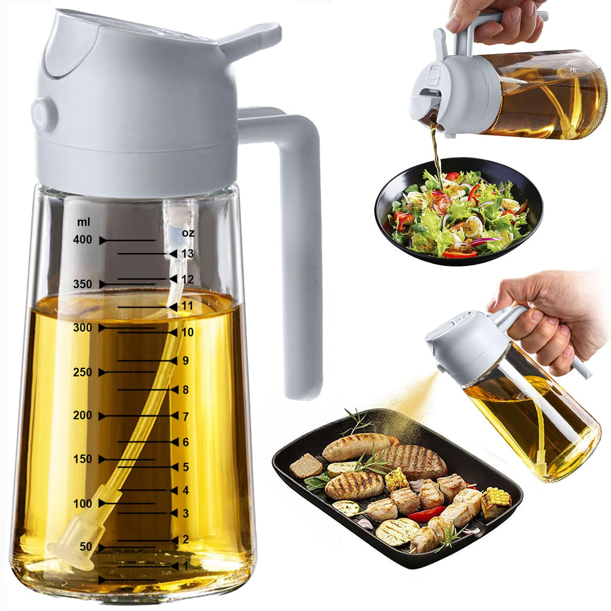 TrendPlain 16oz/470ml Glass Olive Oil Sprayer for Cooking – 2 in 1 Olive Oil Dispenser Bottle for Kitchen Gadgets and Air Fryer Accessories, Salad, BBQ - Black & Green