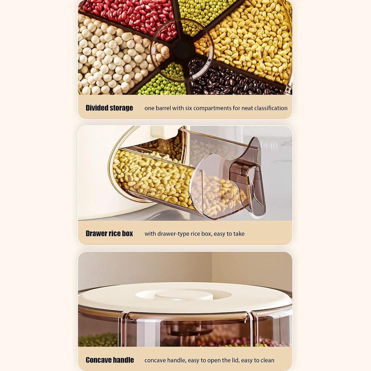 Grain Storage Container, 6 Grid Rice Dispenser, Rotating Storage Bin