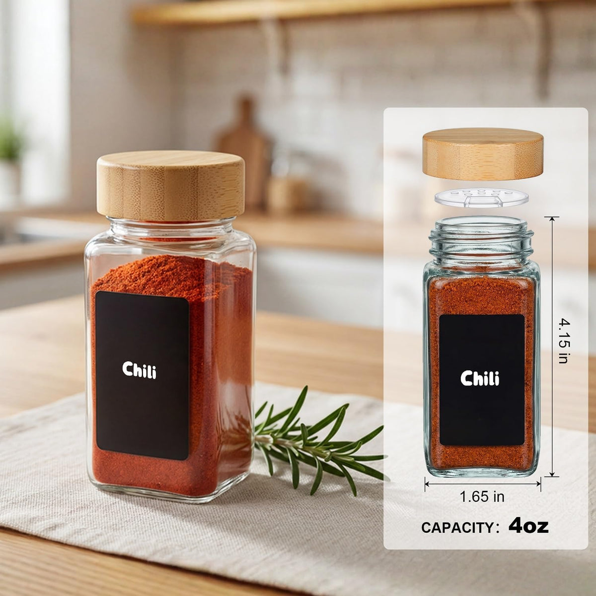 24 Pack Square Glass Spice Jars with Bamboo Lids, 4oz Spice Containers with Shaker Inserts and Labels, Airtight Seasoning Organizer for Spice Rack, Cabinet, Drawer - Grinder & Funnel Included