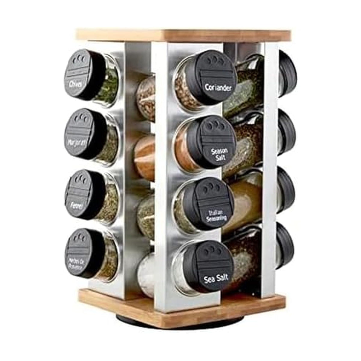 Kamenstein 16 Jar Ellington Revolving Countertop Spice Rack with Lift & Pour Caps and Spices Included, FREE Spice Refills for 5 Years: Black and Chrome