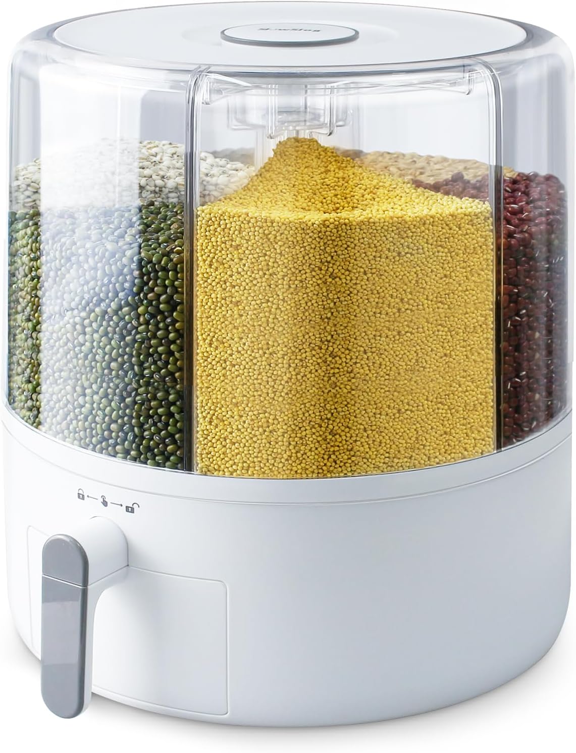 16lb Grain and Rice Storage Container, 360° Rotating 6 Grid Grain Dispenser