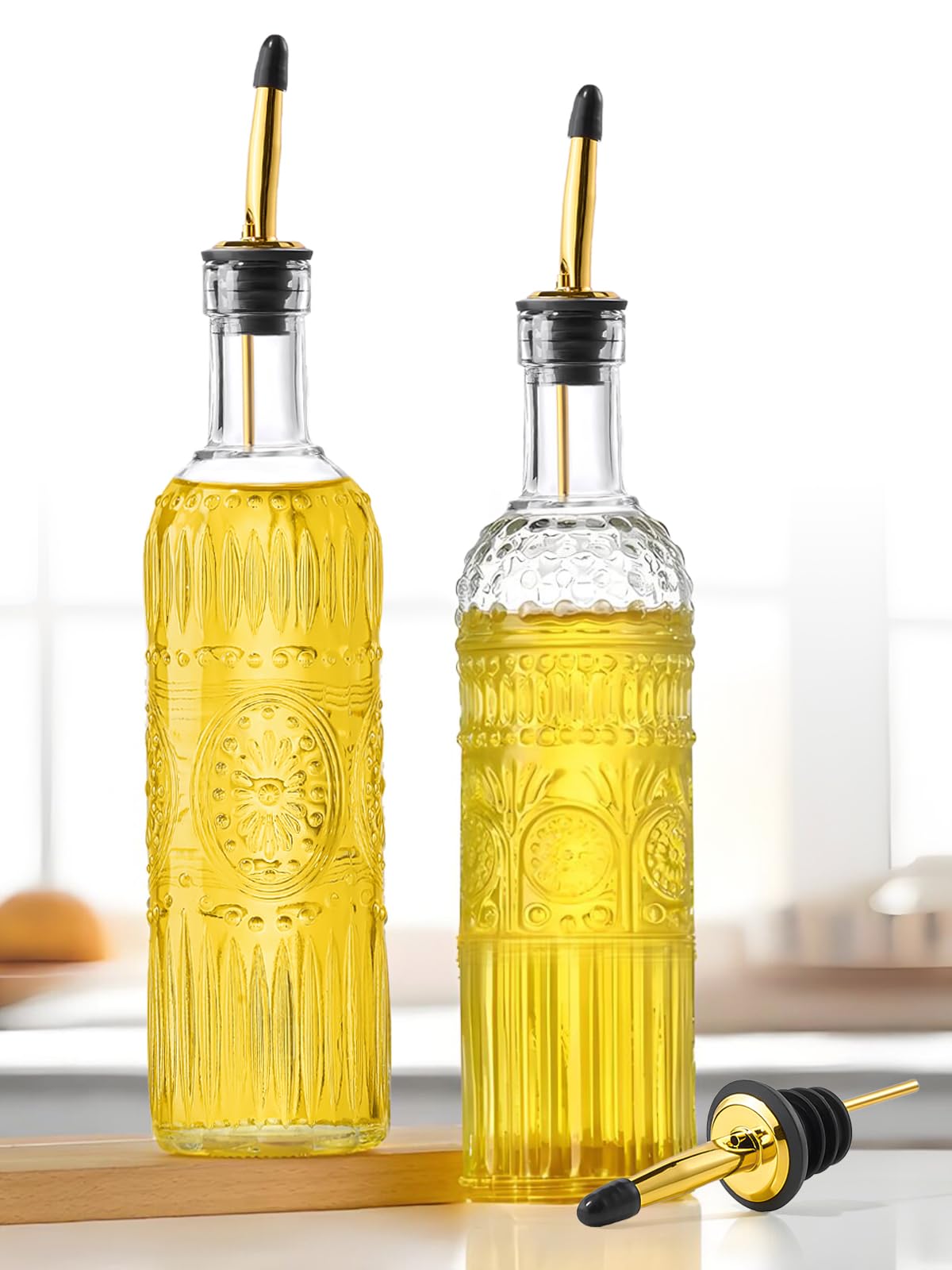 2 Pcs Olive Oil Dispenser Bottle for Kitchen,17oz Clear Glass Cooking Oil and Vinegar Dispenser Set, Coffee Syrup Dispenser with 2 Pourers and 1 Funnel (Two circles)