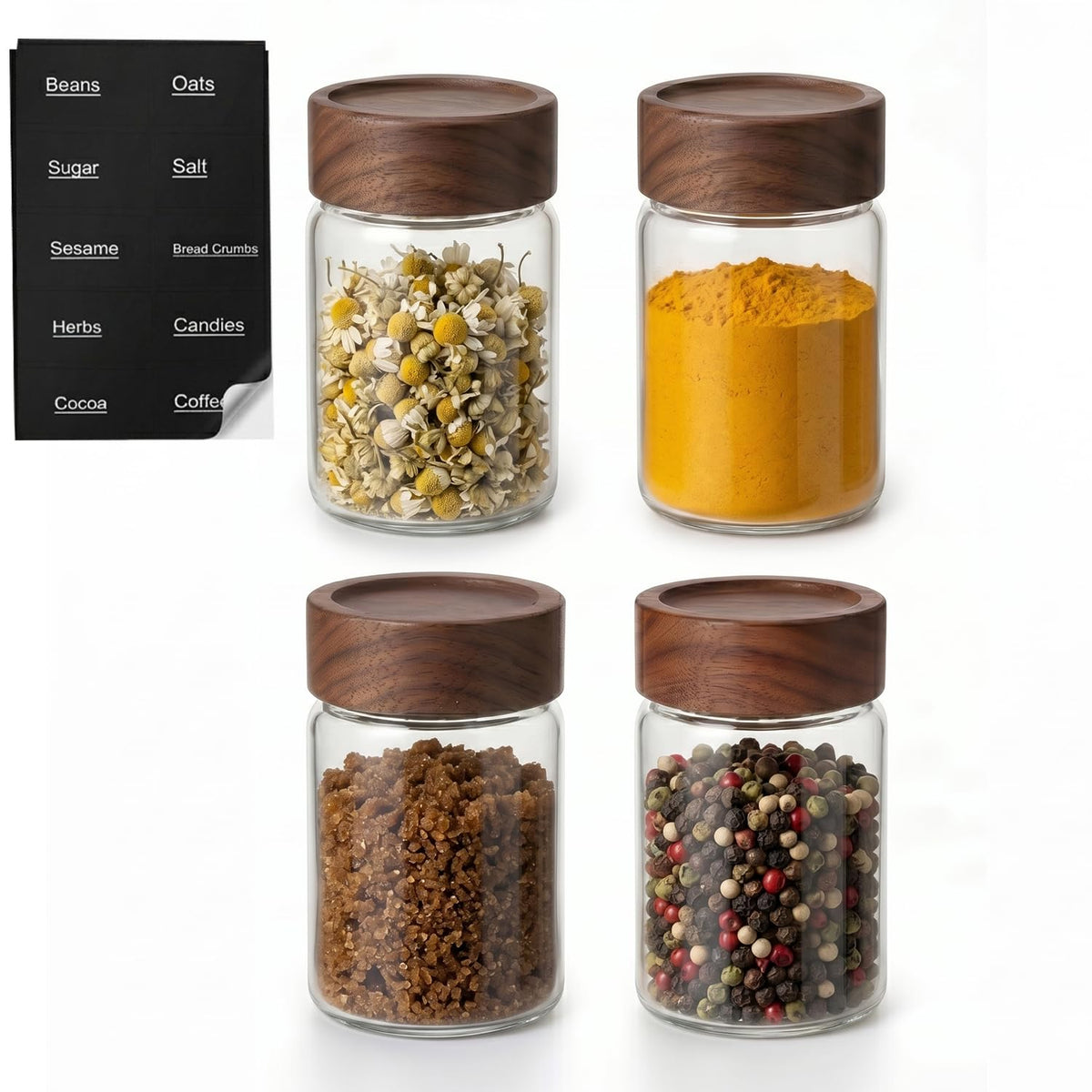 4 Pack 4 oz Glass Jars with Lids, Small Mason Jars with Airtight Acacia Wood Lid, Glass Spice Jars for Kitchen Pantry Organization, 4oz Small Jars for Spices, Nuts, Herbs & Seasoning