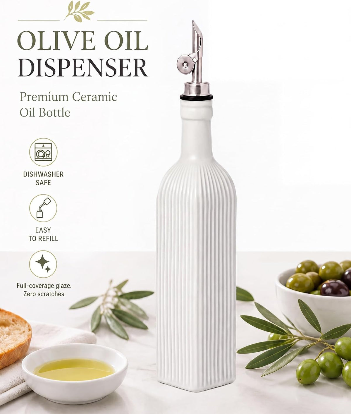 Ceramic Olive Oil Dispenser Bottle with Pourer for Kitchen, 18 oz, white