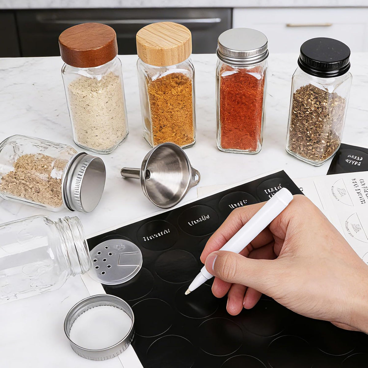24 Pack Glass Spice Jars with Labels, 4oz Spice Containers with Bamboo Lids
