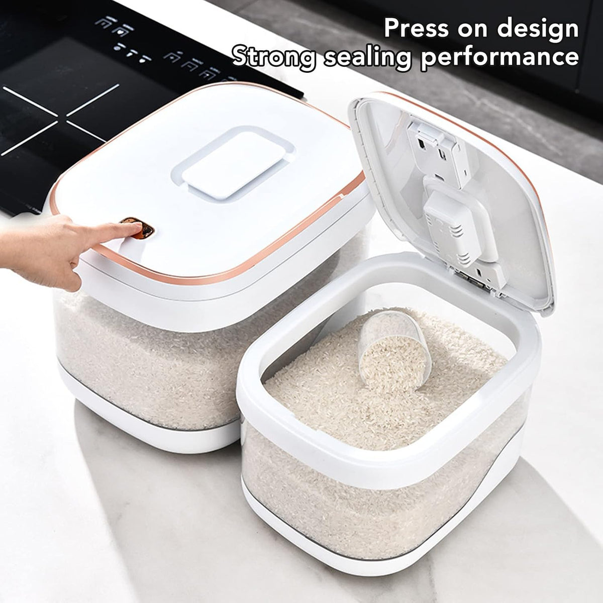 Rice Storage Container, Press Type Large Capacity Airtight Rice Dispenser with Measuring Cup, Proof Food Grade Grain Bucket for Kitchen Pantry Household (5KG)