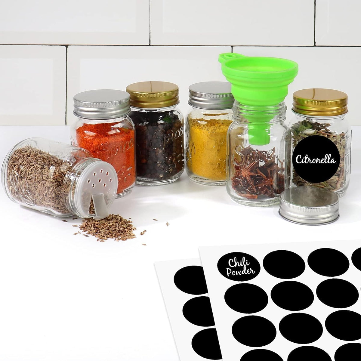 CycleMore 30 Pack 4oz Round Glass Spice Jars with Shaker Lids & Metal Caps
