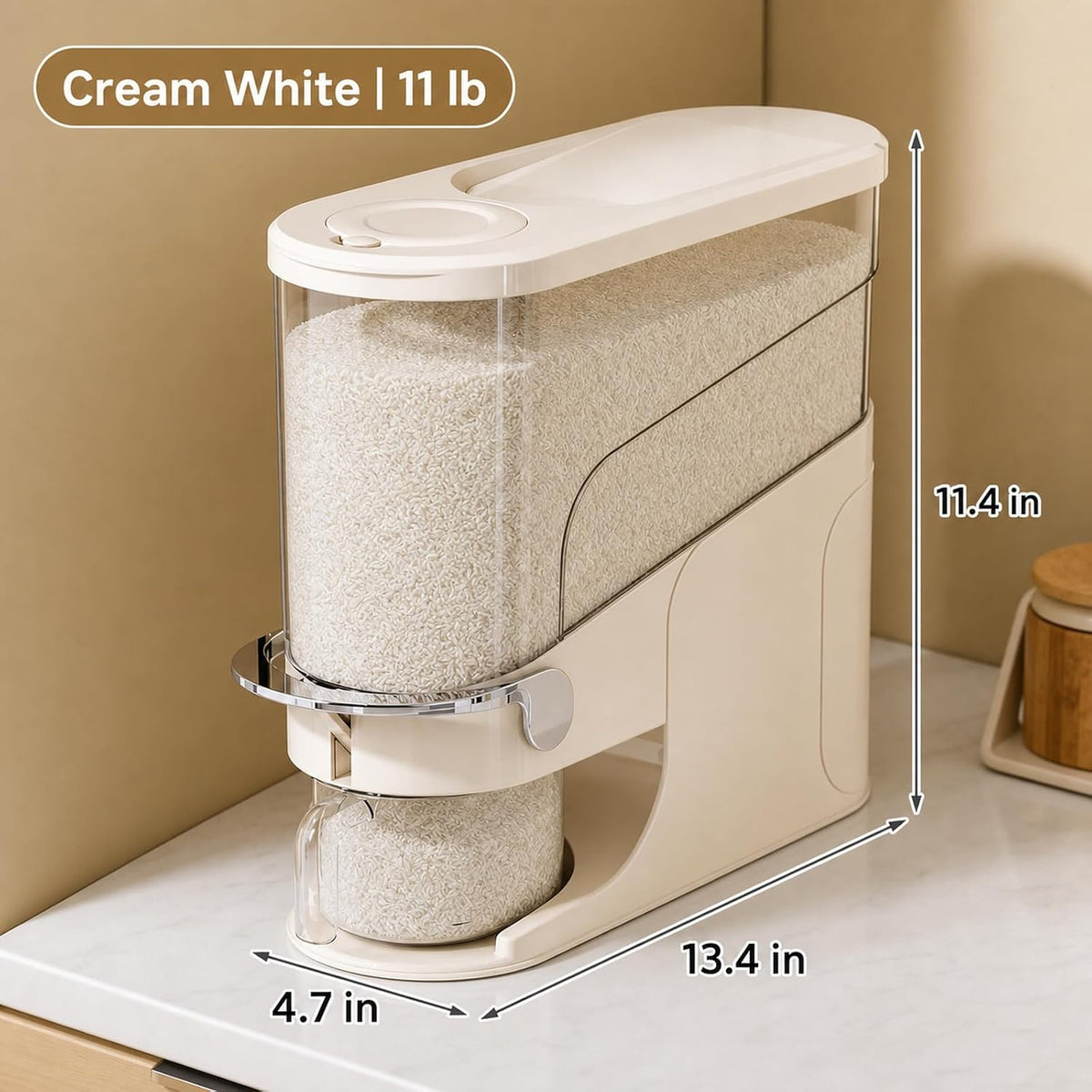 Rice Dispenser 11 Lb, Slim Rice Storage Container with Double Sealing Strip, Press to Dispense Cereal Container Airtight for Kitchen Pantry Organization, (Creamy Yellow-11lb)