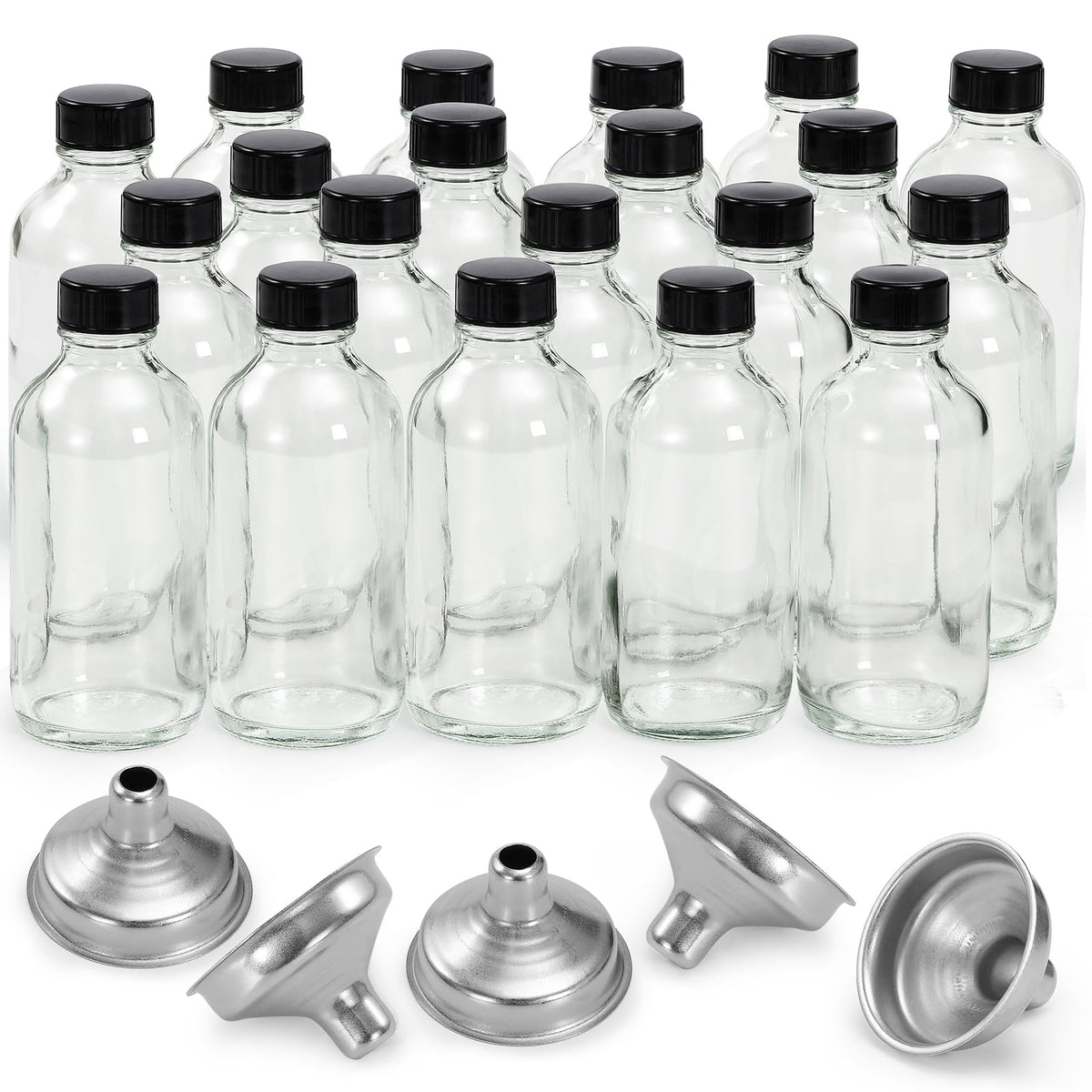 10 Pack, 4 oz Small Clear Glass Bottles w/ Lids & 3 Stainless Steel Funnel - 120ml Boston Round Sample Bottle for Potion, Juice, Ginger Shot, Wellness, Oils, Whiskey, Liquids - Leakproof Travel Bottle