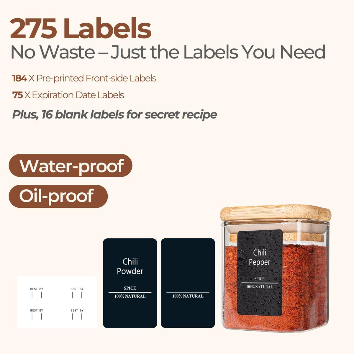 ComSaf Square Glass Spice Jars with Labels 4 oz 16 Pack with Bamboo Lids