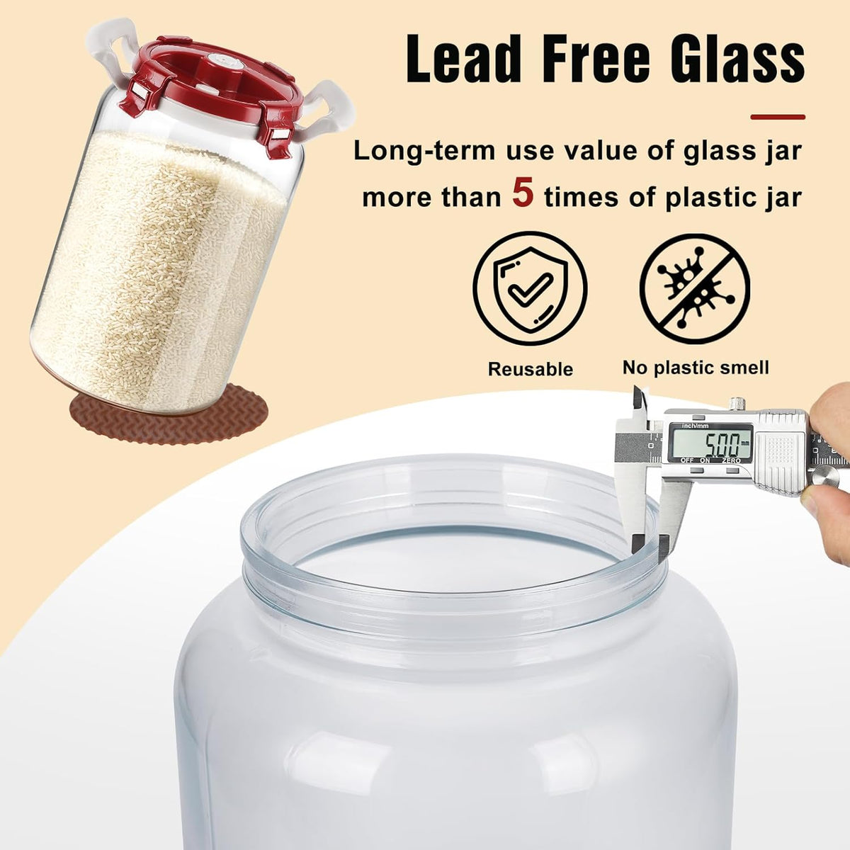 10L Glass Rice Storage Container for 20 lb Rice, Wide Mouth, Airtight Lid