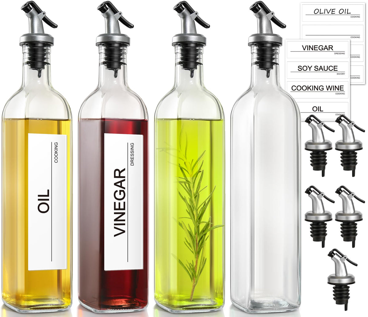 gmisun Oil and Vinegar Dispenser Bottles Set, 2 Pack 17 Fl Oz Olive Oil Dispensers Bottle for Kitchen, Clear Glass Cooking Vegetable Oil Container Cruet Set with Plastic Pourer Spout & Labels