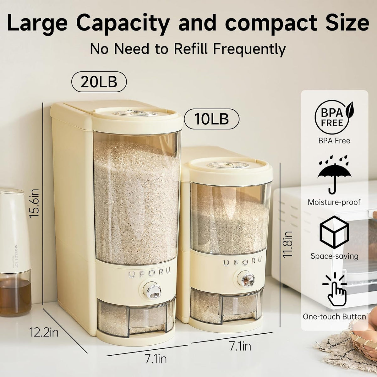 UFORU Rice Dispenser,23 LB Airtight Rice Storage Container with Date Dial