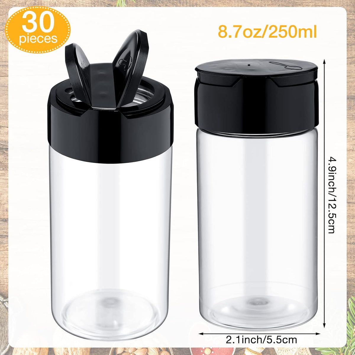 Mimorou 8.7 oz 30 Pack Plastic Spice Jars with Shaker Lids Clear Seasoning Containers Spice Bottles for Kitchen Storing Herbs Seasoning Powders (Cylinder)