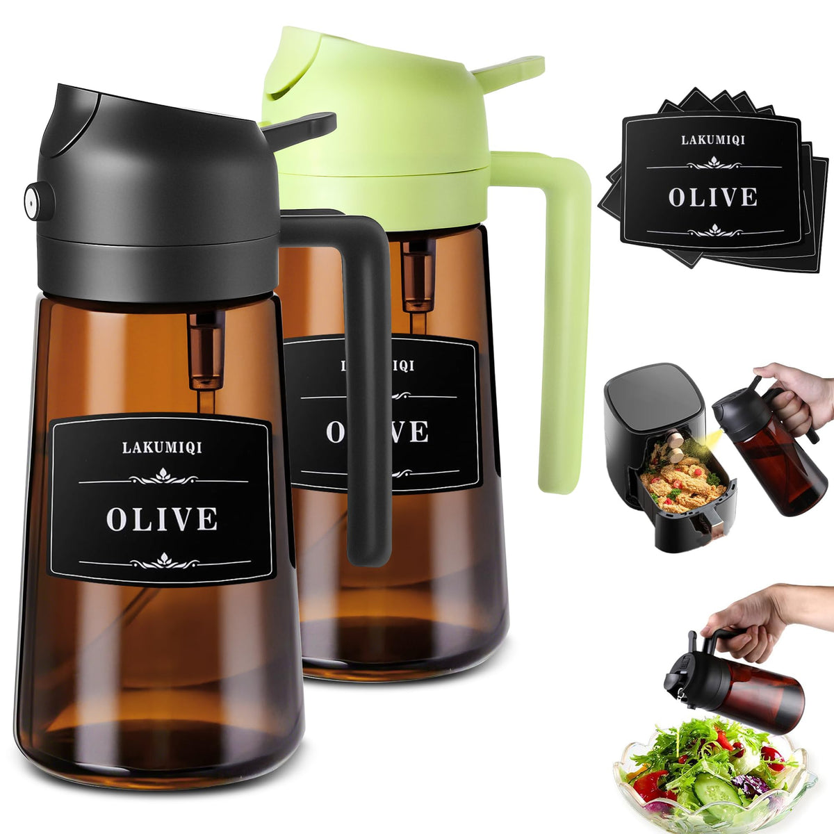 Oliver Oil Sprayer Dispenser for Cooking Bottle 16oz Dark Glass 2pcs Black
