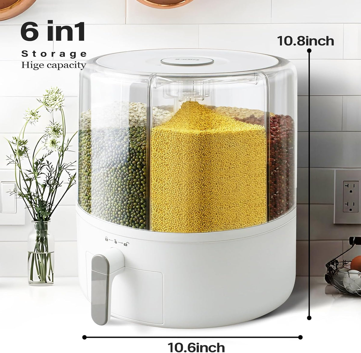16lb Grain and Rice Storage Container, 360° Rotating 6 Grid Grain Dispenser