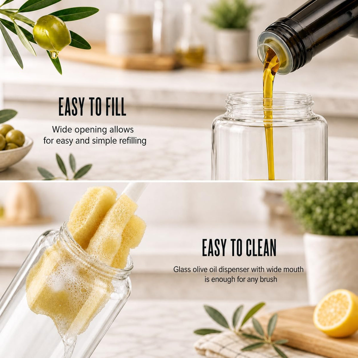 Aelga Olive Oil Dispenser - 14 OZ Glass Oil and Vinegar Dispenser Bottles Set for Kitchen No Drip-Set of 2