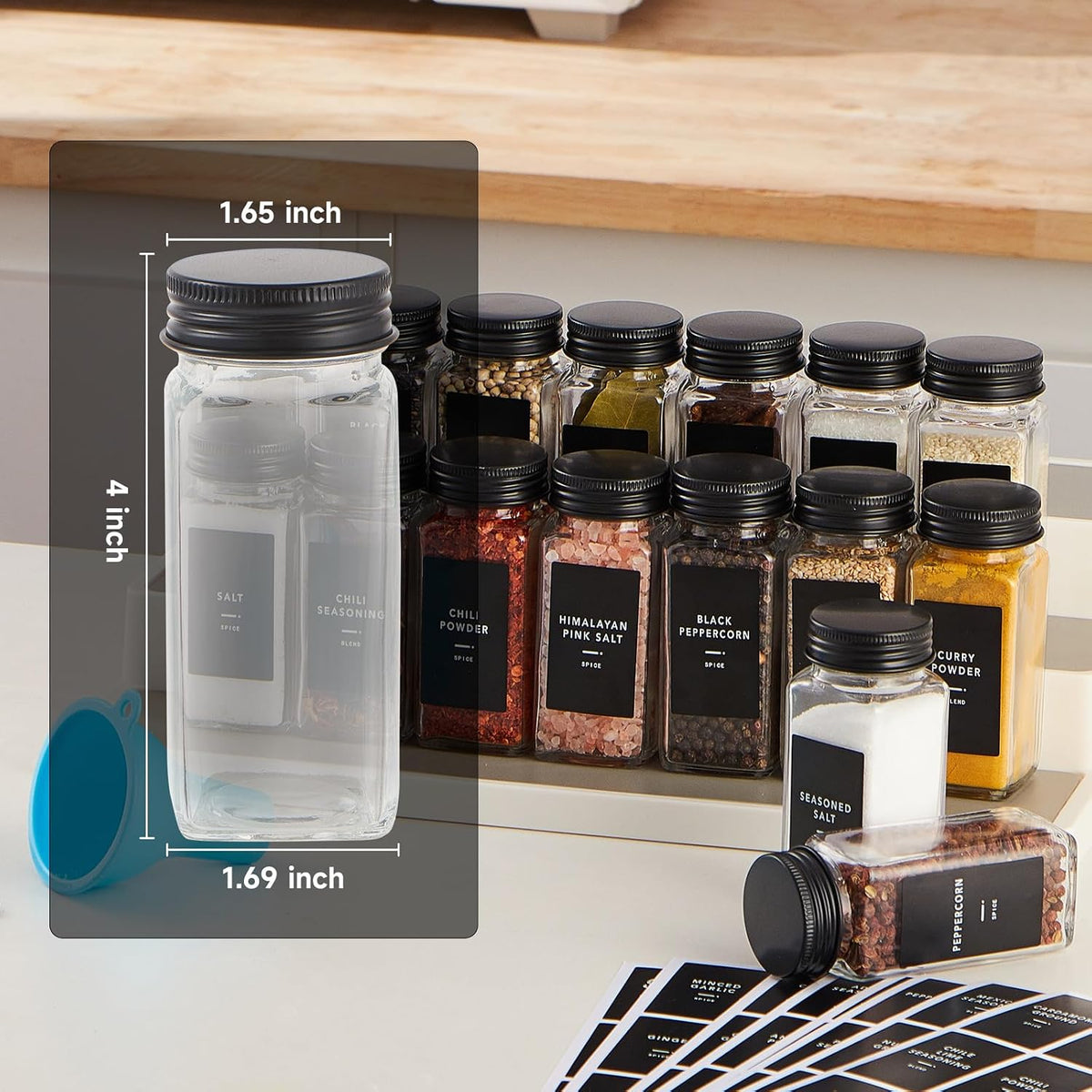 25 Glass Spice jars with label, 4oz Seasoning jars with Black Metal Lids