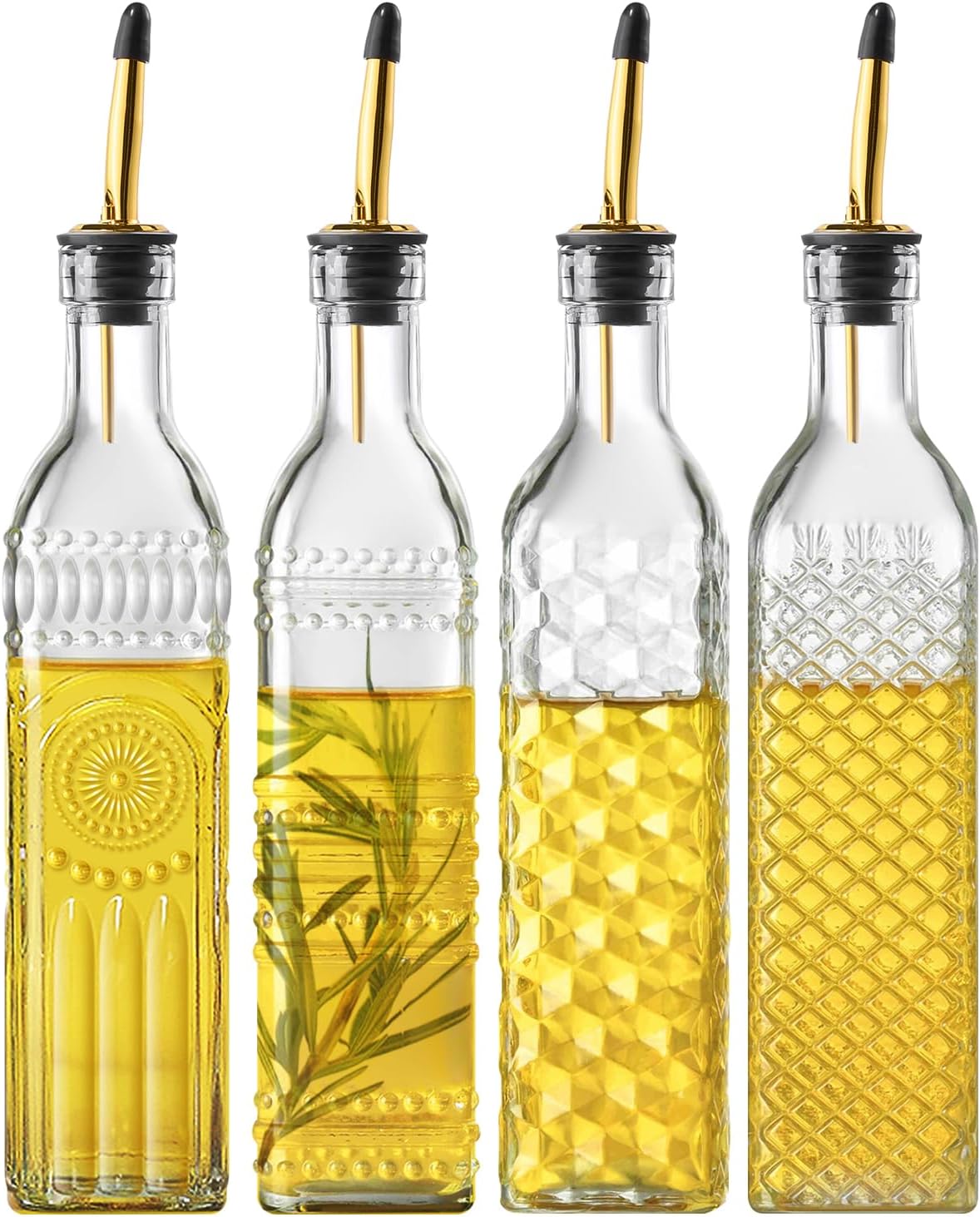 4 Pcs Olive Oil Dispenser Bottle for Kitchen, 17oz Clear Glass Oil and Vinegar Dispenser Bottle Set with 4 Stainless Steel Spouts and 1 Funnel (Square)