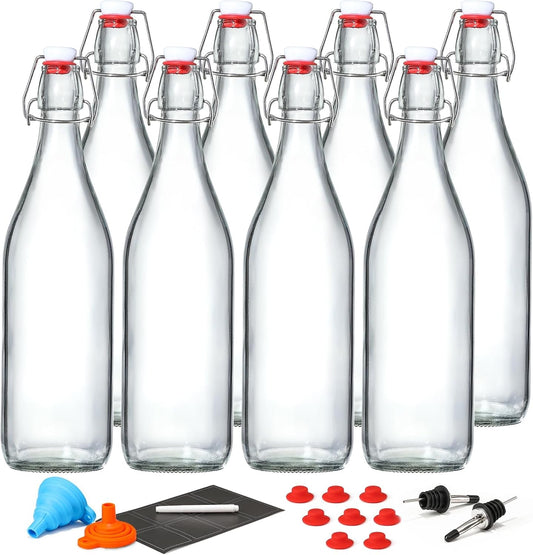 8 PACK [1 Liter/33 fl. oz.] Swing Top Glass Bottles w/ 2 Funnels & Pourers