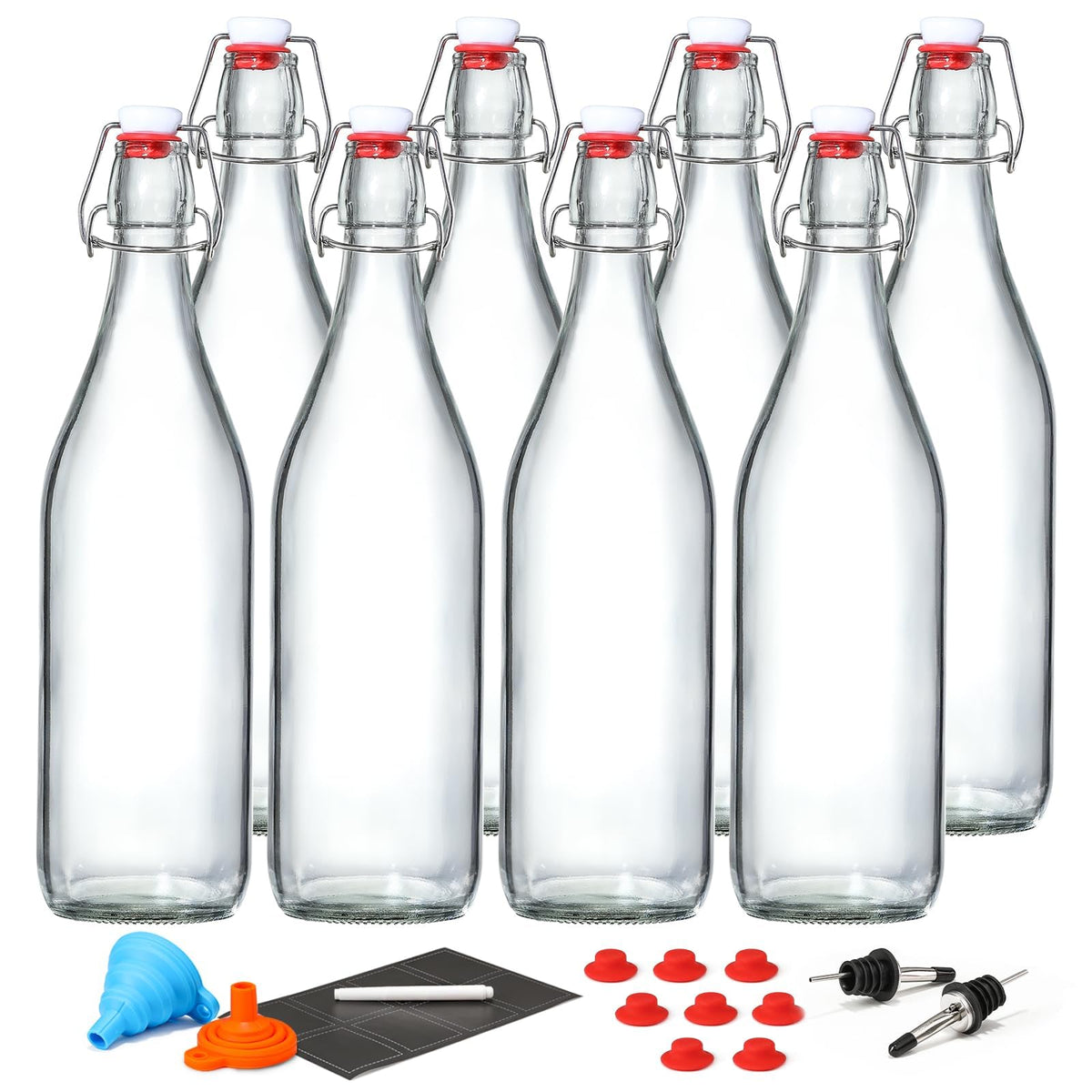 8 PACK [1 Liter/33 fl. oz.] Swing Top Glass Bottles w/ 2 Funnels & Pourers